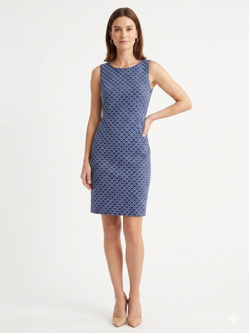 Mario Serrani Italy Sleeveless Sheath Dress Blue Geometric Print Size 2 Office